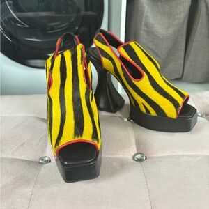 John Fluevog Yellow and Black Striped Heels